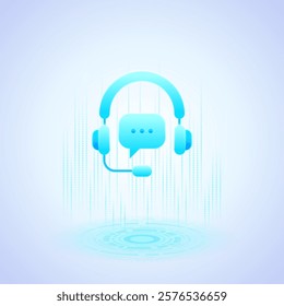 Business icon. Blue headset with a microphone and speech bubble, symbolizing communication and assistance. Perfect for customer support, call centers, and technical help. Enhances user experience