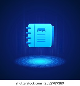 Business icon. Blue notebook with three rings on the left side and a page with a picture and lines on it. The notebook is depicted in a digital, futuristic style