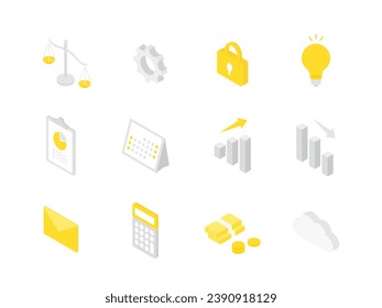 Icono de negocio. Presupuestos, gráficos, horarios. Conjunto de ilustraciones isométricas.