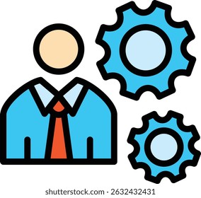 Business icon of a businessman with gears illustrating innovation user, ideal for presentations, websites, marketing materials, and business related designs.