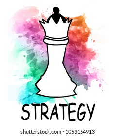 Business icon chess piece and word strategy on watercolor background