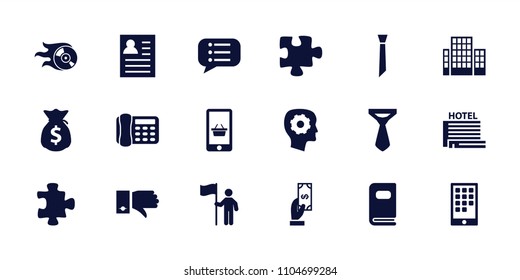 Business icon. collection of 18 business filled icons such as puzzle, payment, tie, gear in head, resume, photo album. editable business icons for web and mobile.