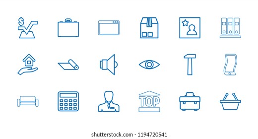 Business icon. collection of 18 business outline icons such as calculator, mathematical square, toolbox, shopping basket. editable business icons for web and mobile.