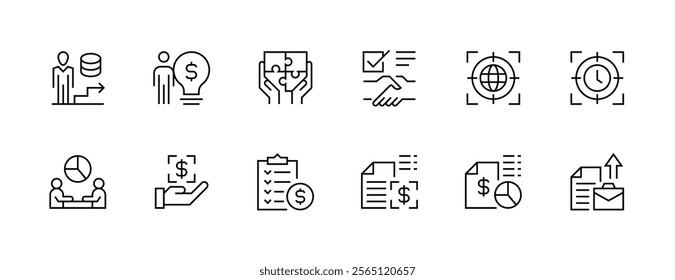 Business icon collection. Commerce icon set. Growth, time management, strategy, focus, success, innovation, progress, meeting and more. Editable stroke. Pixel Perfect. Grid base 32px.