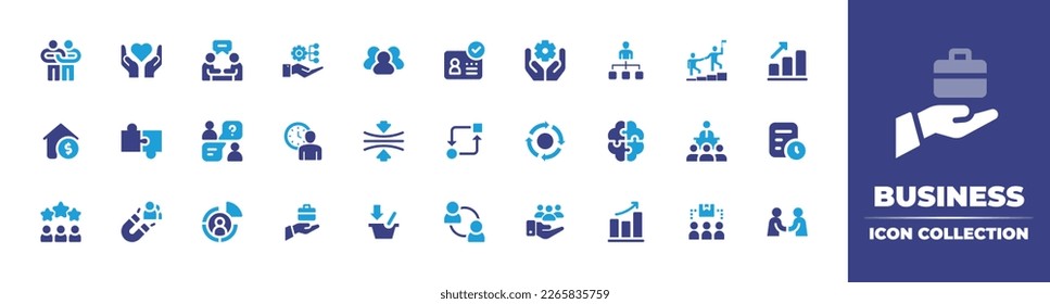 Business icon collection. Duotone color. Vector illustration. Containing relationship, charity, interview, planning, group, id, corporate, organization, structure, leadership, business, finance.