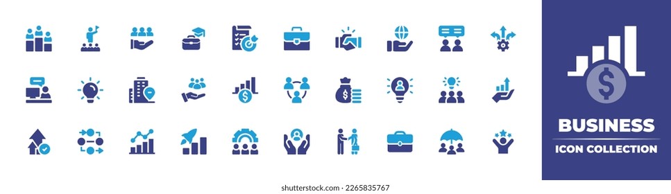 Colección de iconos de negocio. Color de duotona. Ilustración vectorial. Conteniendo clasificación, líder, servicios, negocios, escuela, meta, cartera de documentos, apretón de manos, global, consultor, toma de decisiones, consultoría.