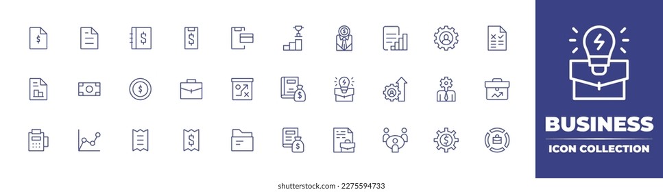 Colección de iconos de negocio. Color de duotona. Ilustración vectorial. Contiene documentos, libros de contabilidad, pagos en línea, grafo, hombre de negocios, informe, negocios, finanzas, informe de negocios, dinero.