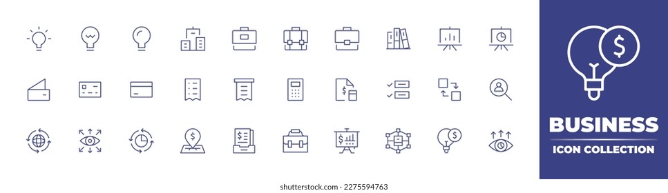 Business icon collection. Duotone color. Vector illustration. Containing bulb, office, briefcase, books, board, wallet, credit card, receipt, calculator, budget, planning, blockchain, recruitment.