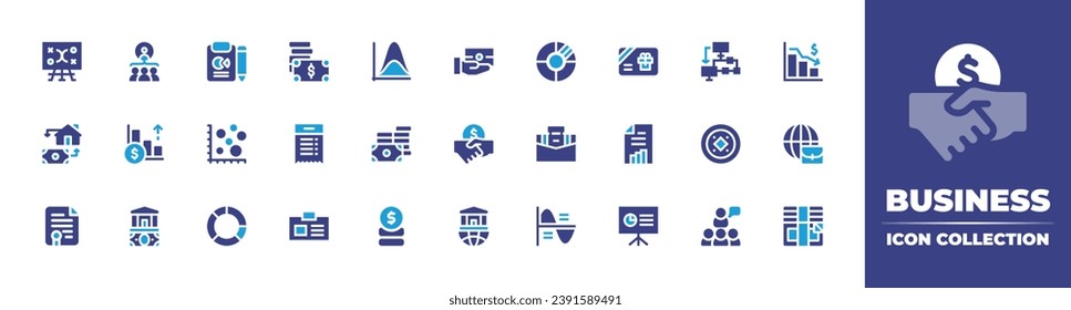 Business icon collection. Duotone color. Vector illustration. Containing tactics, chart, uml, hierarchy, donation, crisis, mortgage loan, money, coin, growth, deal, worldwide, certificate, seminar.