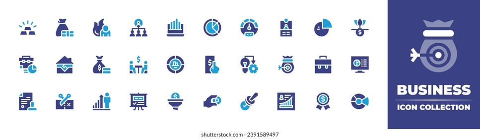 Business icon collection. Duotone color. Vector illustration. Containing gold, statistics, pie chart, suitcase, briefcase, validation, filter, badge, hierarchy, id card, deal, target, presentation.