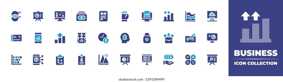 Colección de iconos de negocio. Color de duotona. Ilustración vectorial. Conteniendo plan, análisis, dinero, grafo, subsidio, agricultura, estrategia, presentación, tarjeta de identificación, smartphone, blockchain, gráfico de tarta, gráfico.