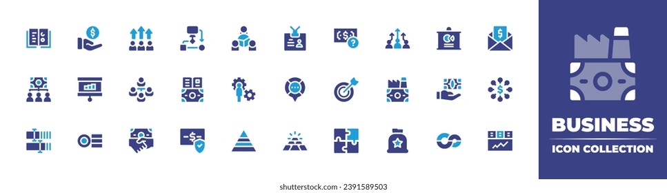 Business icon collection. Duotone color. Vector illustration. Containing performance, money, uml, hierarchy, subordination, target, education, factory, deal, puzzle, protection, money bag, payment.