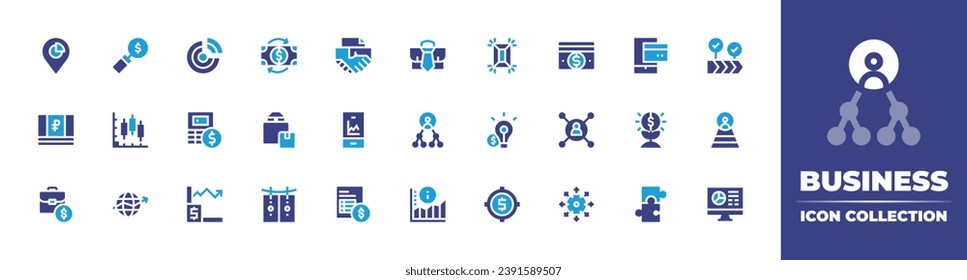 Business icon collection. Duotone color. Vector illustration. Containing stats, economy, money, pie chart, agreement, payment, ruble, report, growth, briefcase, invoice, puzzle, organization, approach