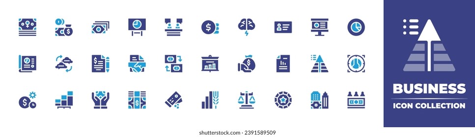 Business icon collection. Duotone color. Vector illustration. Containing money, brainstorm, contract, money bag, balance, training, id card, analytics, coin, presentation, pyramid chart, real estate.