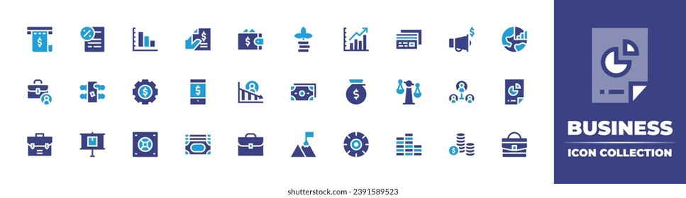 Colección de iconos de negocio. Color de duotona. Ilustración vectorial. Consta de gráficos, ajustes, dinero, caja fuerte, rueda, factura, cartera, megáfono, maletín, pérdida, equipo, monedas, impuestos, crecimiento, pib, conferencia.