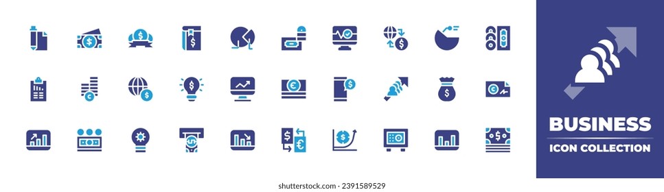 Business icon collection. Duotone color. Vector illustration. Containing money, monitor, economy, smartphone, lightbulb, growth, book, idea, increase, atm, safebox, contract, pie chart, analysis.