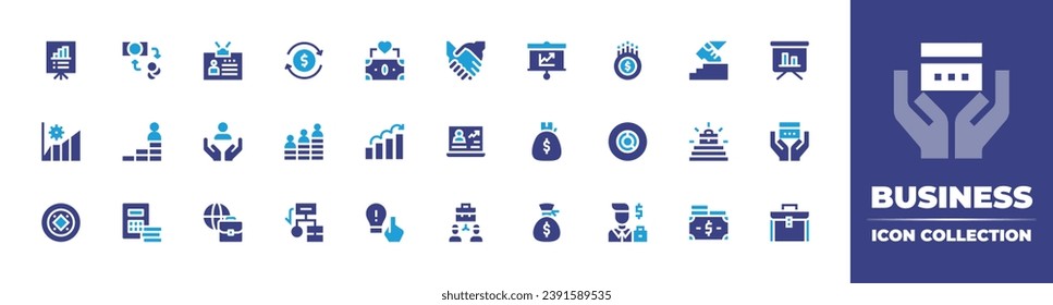 Business icon collection. Duotone color. Vector illustration. Containing id card, projector screen, support, money bag, global, briefcase, deal, presentation, money, revenue, calculator, credit card.