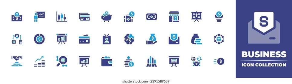 Business icon collection. Duotone color. Vector illustration. Containing money, saving money, strategy, process, business card, money bag, agreement, wallet, exchange, bar graph, analytics, index.