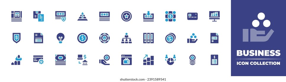 Business icon collection. Duotone color. Vector illustration. Containing secure, coin, payment, chart, stack, euro, dollar bill, credit card, secure payment, refund, lightbulb, folder, money.