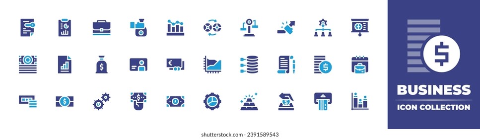 Business icon collection. Duotone color. Vector illustration. Containing briefcase, balance, money bag, graph, settings, gold, revenue, growth, id card, contract, money, savings, time is money, credit