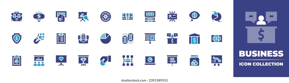Business icon collection. Duotone color. Vector illustration. Containing money, graphic, bank, report, coin, savings, briefcase, peso, dream, atm, document, presentation, analytics, statistics.