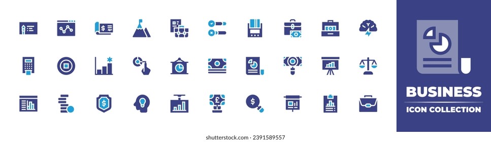 Business icon collection. Duotone color. Vector illustration. Containing cheque, payment method, revenue, pie chart, shield, searching, stats, survey, brainstorming, money, balance, stack, investment.