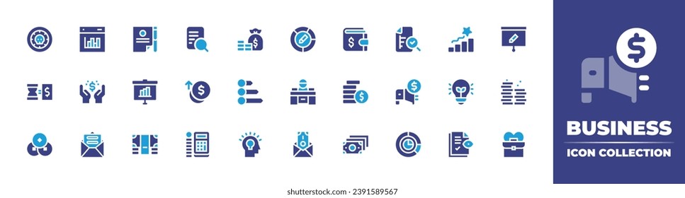 Business icon collection. Duotone color. Vector illustration. Containing coin, time is money, wallet, coins, money, bar graph, pie chart, presentation, boss, mail icon, bribe, ethics, contract, statis