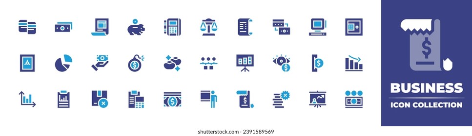 Business icon collection. Duotone color. Vector illustration. Containing safebox, investment, credit card, payment method, invoice, ticket, bar chart, package, money, balance, pie chart, timeline.
