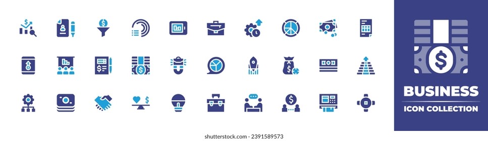 Business icon collection. Duotone color. Vector illustration. Containing finance, grow up, hierarchy, diagram, pie chart, cash, money bag, financial ethics, lease, light bulb, atm, tablet, money.