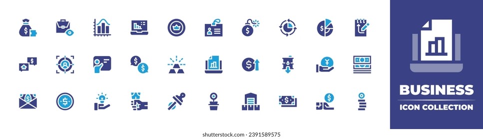 Business icon collection. Duotone color. Vector illustration. Containing money bag, house, money, laptop, chat, income, coin, pie chart, gold ingots, get money, validation, producer, fuel, briefcase.