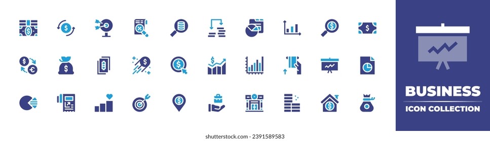 Business icon collection. Duotone color. Vector illustration. Containing tax, money, target, money exchange, increase, bill, money bag, taxes, pie chart, report, briefcase, bills, search, exchange.