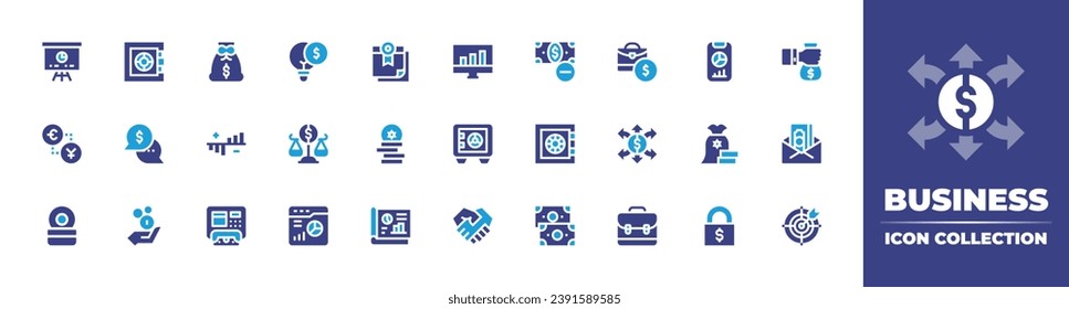 Business icon collection. Duotone color. Vector illustration. Containing safebox, analytics, dollar symbol, money, revenue, handshake, target, econometrics, briefcase, balance scale, money flow, pie.