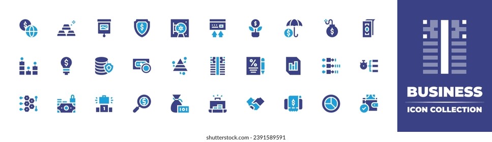 Business icon collection. Duotone color. Vector illustration. Containing presentation, growth, money, contract, career, deal, shield, insurance, statistics, magnifying glass, invoice, economy, banking