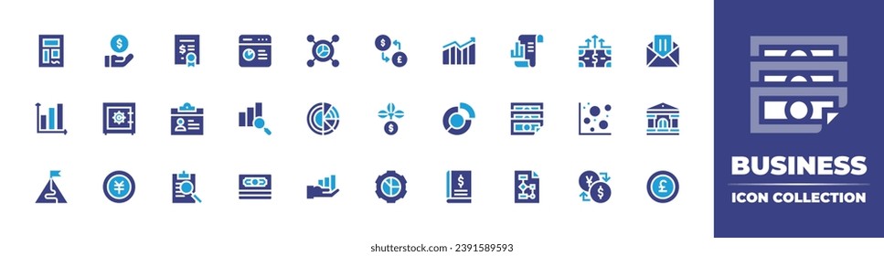 Business icon collection. Duotone color. Vector illustration. Containing contract, arrow, id card, pie chart, analysis, book, payment, exchange, cheque, strongbox, growth, bank, yen, graphic, pound.