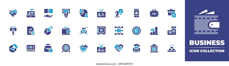 Business icon collection. Duotone color. Vector illustration. Containing handshake, pie chart, briefcase, billboard, circles, stats, hands, bank, cash, online banking, wallet, coin, target, money bag.