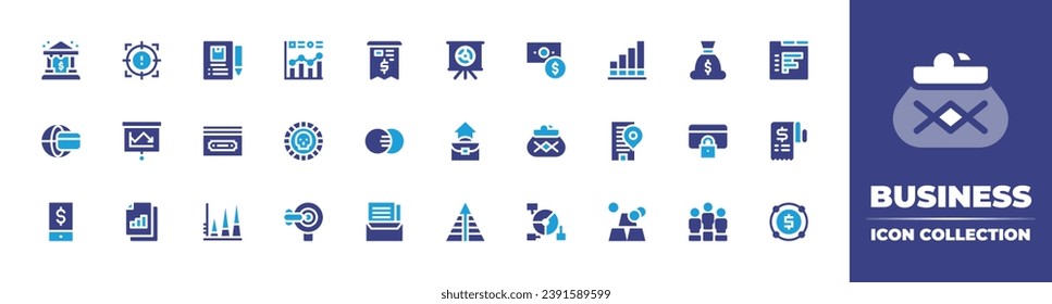 Business icon collection. Duotone color. Vector illustration. Containing statistics, analytics, coin, building, chart, increase, invoice, data analytics, pyramid, value chain, bank, money bag, credit.