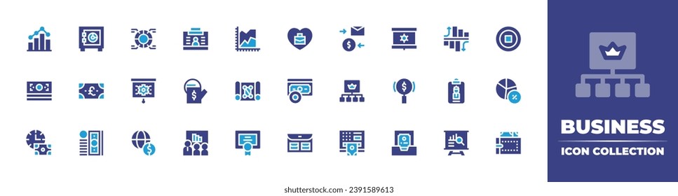 Business icon collection. Duotone color. Vector illustration. Containing statistics, area chart, bar chart, cash, flow chart, accreditation, time is money, certificate, analytics, identification.