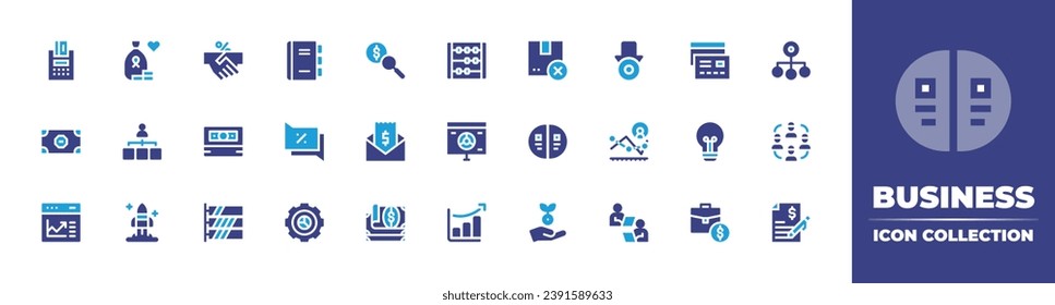 Business icon collection. Duotone color. Vector illustration. Containing agenda, conversation, role, entrepeneur, credit card, money, card, cancelled, envelope, bulb, analytics, notes, suitcase, pie.