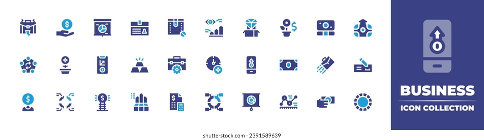 Business icon collection. Duotone color. Vector illustration. Containing circular chart, digital, id card, growth, gold ingot, banknote, infography, chart, survey, diamond, stats, grow up, goal.