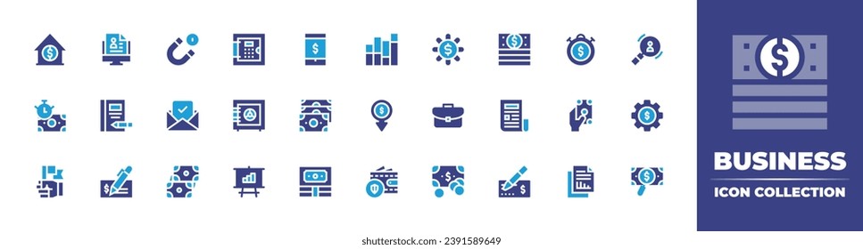 Business icon collection. Duotone color. Vector illustration. Containing magnet, investment, approve, suitcase, exchange, money, home, mobile, time is money, stopwatch, notes, payment, flag, analysis.