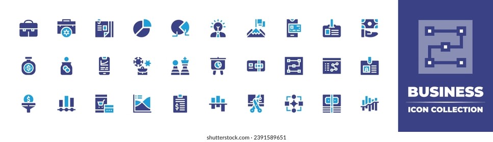 Business icon collection. Duotone color. Vector illustration. Containing suitcase, pie chart, id card, money bag, chess, dashboard, filter, clipboard, notes, briefcase, creativity, money, donation.