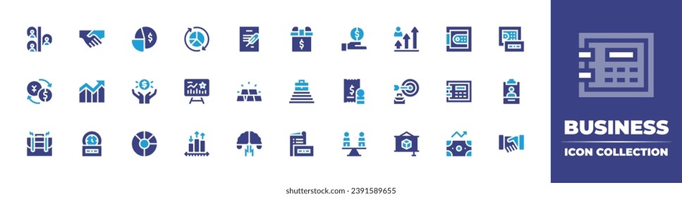 Business icon collection. Duotone color. Vector illustration. Containing pie chart, salary, agreement, gift, safebox, chart, growth, id card, time is money, money, handshake, hierarchy, forex.