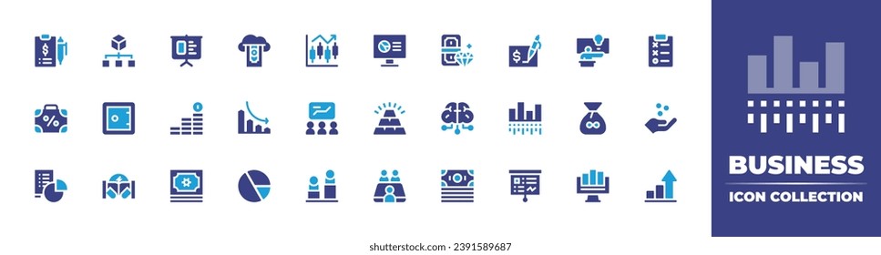 Business icon collection. Duotone color. Vector illustration. Containing hierarchical structure, monitor, tactics, strongbox, ingot, payment, battle, meeting, bars, contract, management, idea.