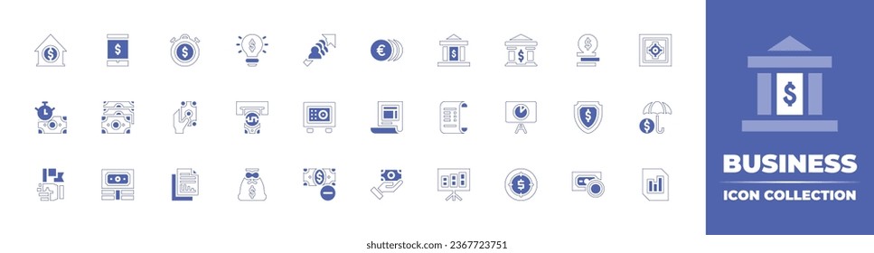 Business icon collection. Duotone style line stroke and bold. Vector illustration. Containing bank, pie, coins, profit, invoice, ticket, payment method, bar chart, stack, strongbox, shield, insurance.