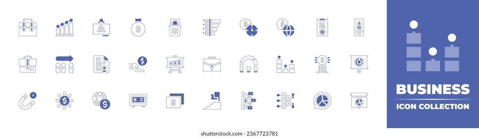 Business icon collection. Duotone style line stroke and bold. Vector illustration. Containing analytics, money bag, money, revenue, safebox, briefcase, bar chart, bag, leadership, certificate, magnet.