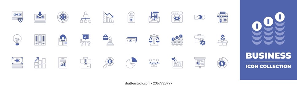 Business icon collection. Duotone style line stroke and bold. Vector illustration. Containing briefcase, magnifying glass, secure payment, refund, money, lightbulb, folder, thinking, bar chart.