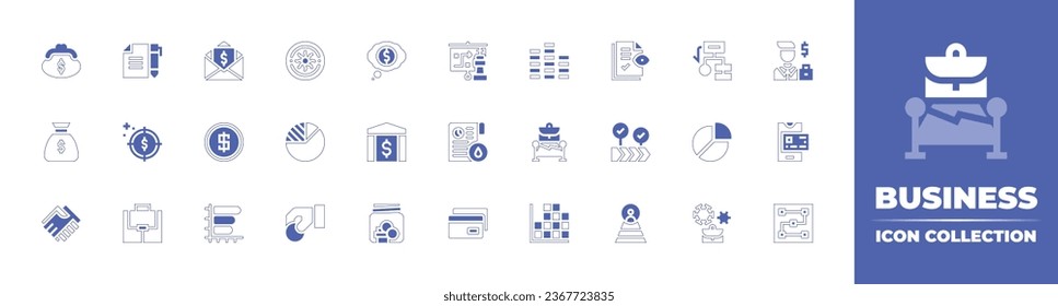 Business icon collection. Duotone style line stroke and bold. Vector illustration. Containing graphic, bank, coin, savings, purse, contract, money bag, target, agreement, suitcase, taxes, dollar.