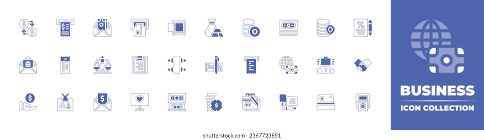 Business icon collection. Duotone style line stroke and bold. Vector illustration. Containing coins, budget, invoice, economy, gift card, check, gold ingot, money, contract, safebox, career, deal.