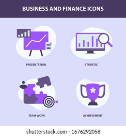 business icon collection with icon presentation graph chart team work and trophy