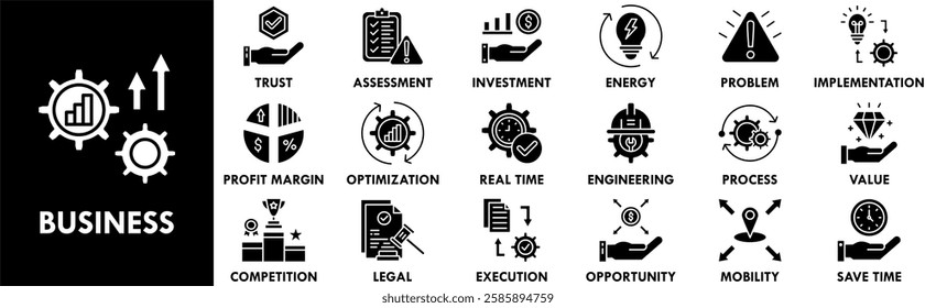 Business icon collection set. Containing design strategy, businessman, growth, success, team
